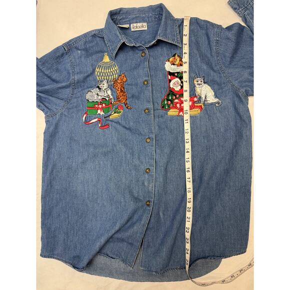 Vintage Chambray Christmas Embroidered Holiday Santa Cats Stocking Women Medium - Picture 5 of 9